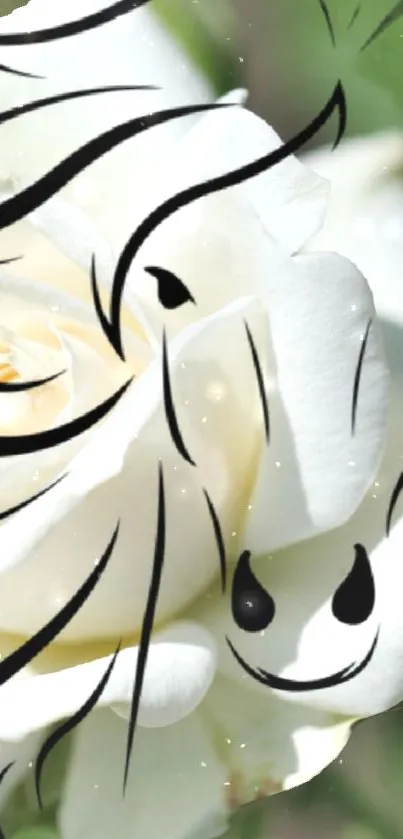 White rose with black artistic lines mobile wallpaper.