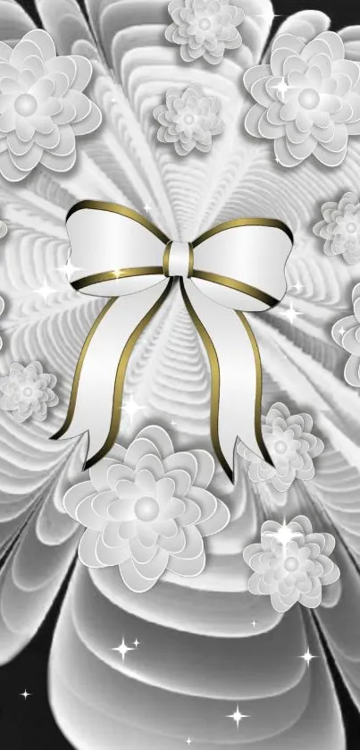 Elegant white floral wallpaper with a central bow design for mobile screens.