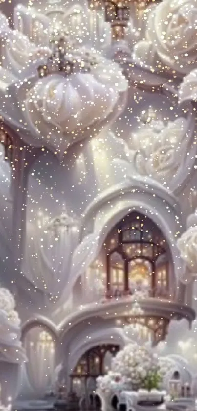 Elegant white fantasy with cascading roses and ethereal light.