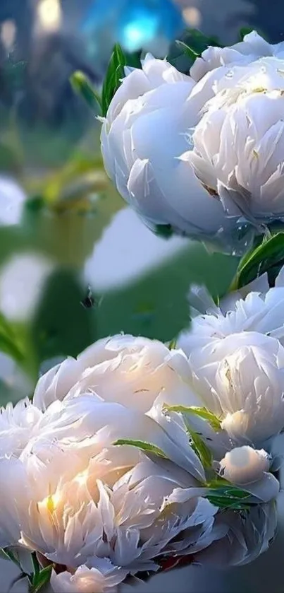 Elegant white floral wallpaper with blooming peonies and green leaves.