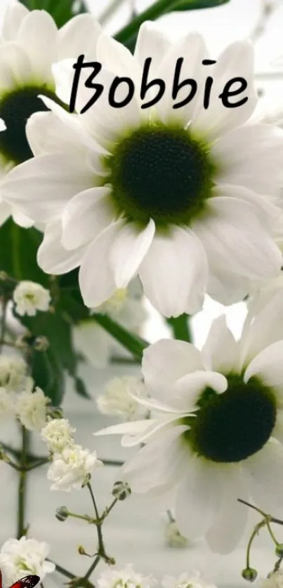 Elegant white daisies with dark centers and delicate floral accents.