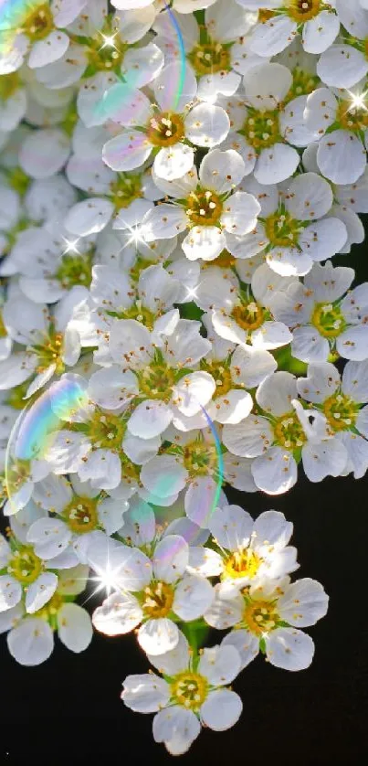 Close-up of delicate white flowers with fresh green highlights.