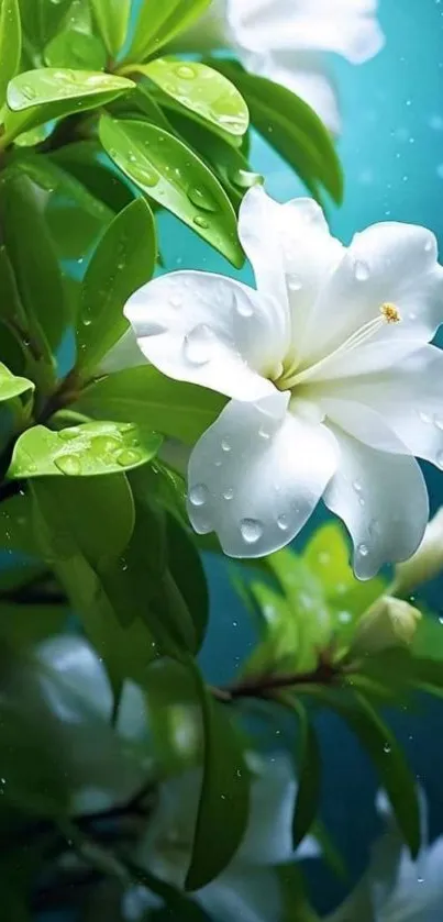 Elegant white flower with water droplets on lush green leaves background.