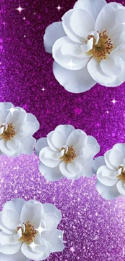 Elegant wallpaper with white flowers on a purple textured background.