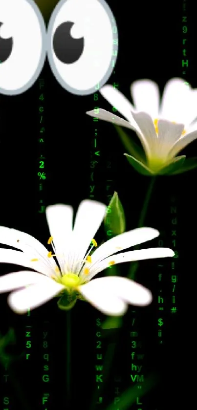 White flowers on dark background with cartoon eyes.