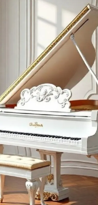 Elegant white grand piano in a sunlit classic room.