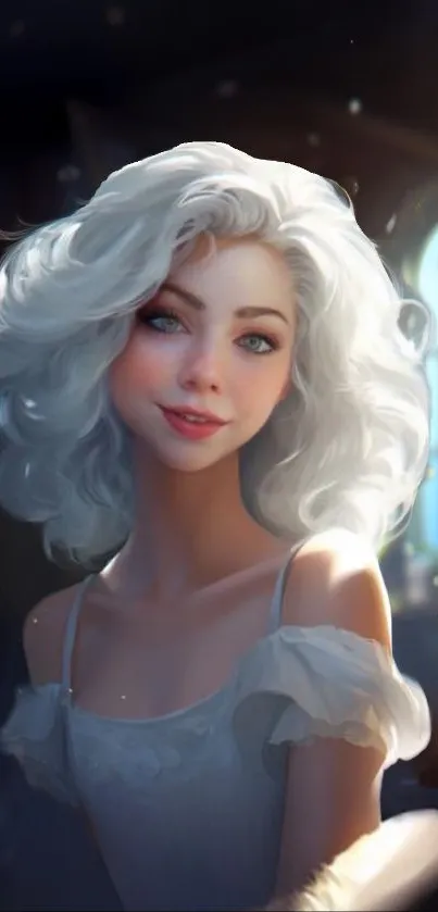 Elegant character with white hair in a softly lit room, digital art wallpaper.