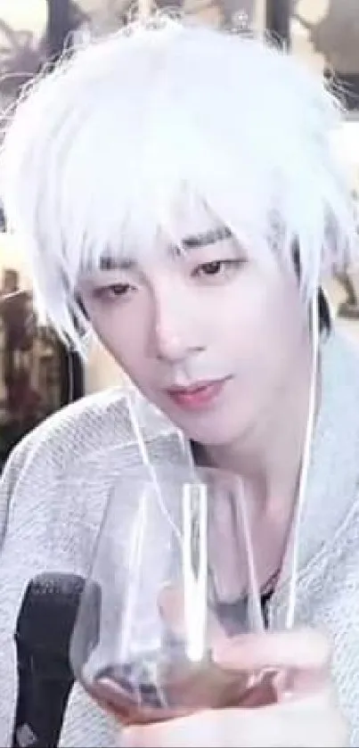 Elegant white-haired person holding a glass, serene atmosphere.