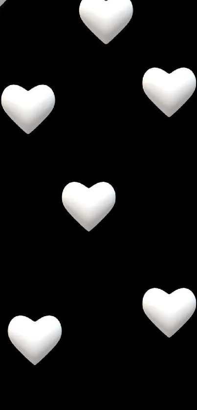 Mobile wallpaper with white hearts on black background.