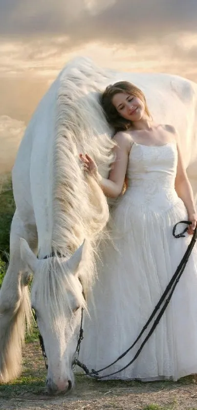 Bride and white horse in serene landscape.