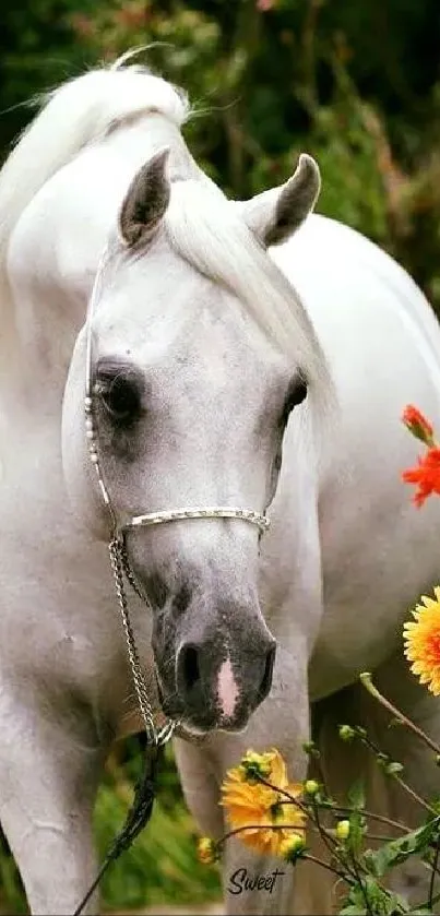 Elegant white horse with colorful flowers.