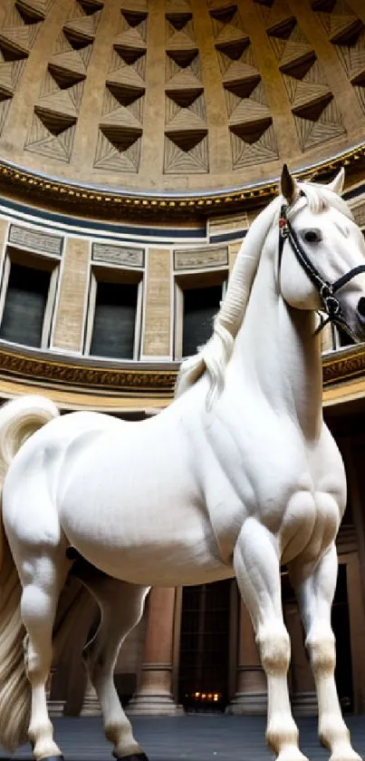 Majestic white horse in historical colonnade interior.