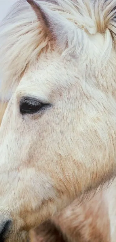 Portrait of a white horse with a flowing mane.