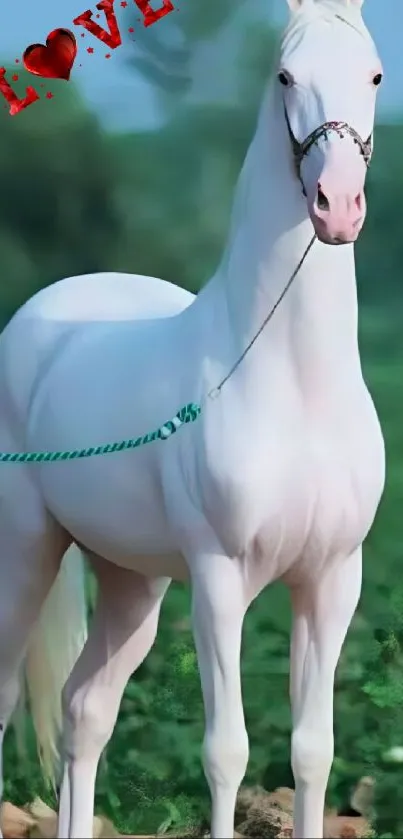 Elegant white horse with love text in nature.