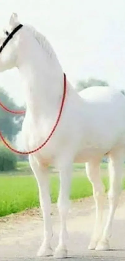 Elegant white horse standing in serene countryside on mobile wallpaper.