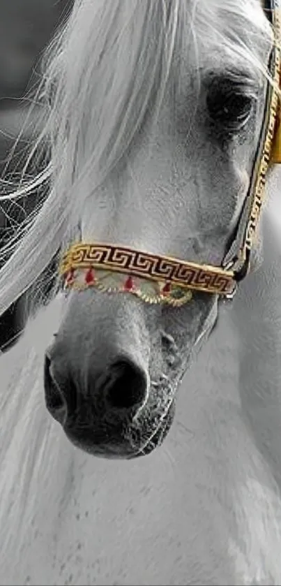 Elegant white horse with intricate bridle.