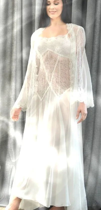 Woman wearing elegant white lace nightgown in a serene bedroom setting.