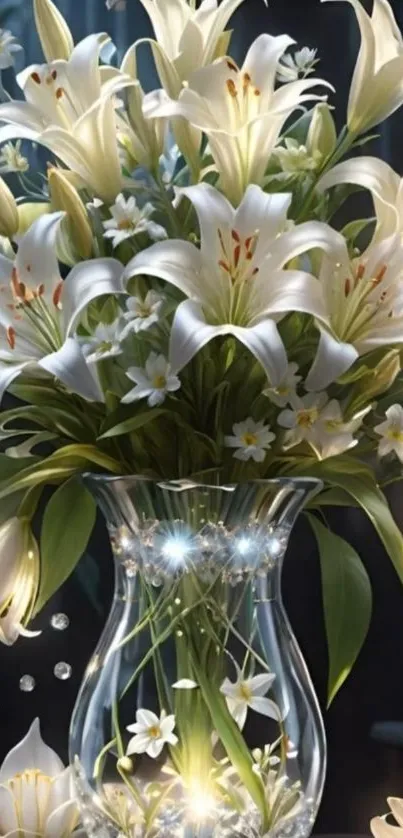 White lilies in a crystal vase with elegant arrangement.