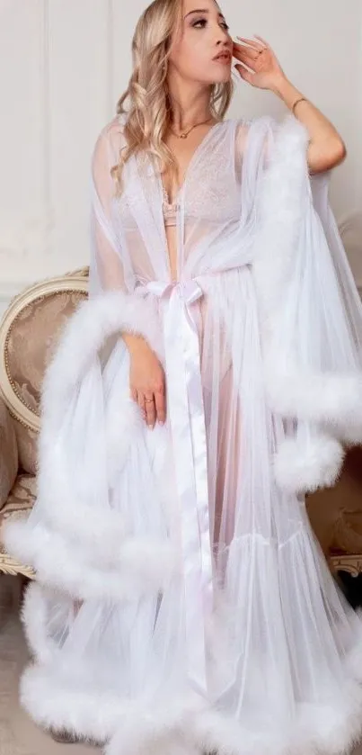 Woman in elegant white lingerie with fur detail.