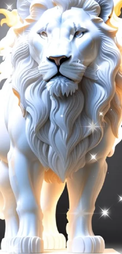 Elegant white lion sculpture with golden mane and sparkles.