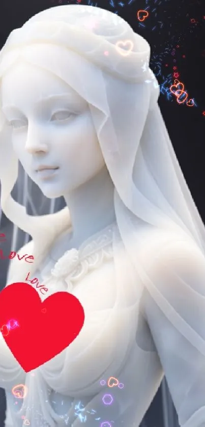 Elegant marble statue with a red heart design, perfect for an artistic mobile wallpaper.