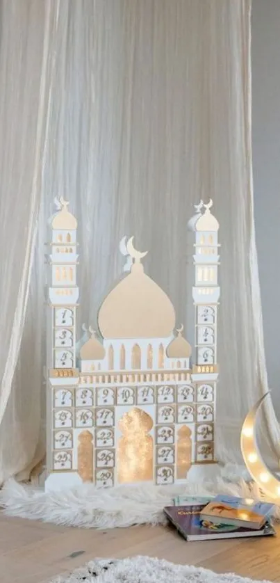 Elegant mosque decor with soft lighting and white-beige theme.