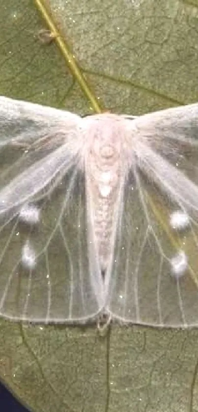 White moth with patterned wings resting on a green leaf background.