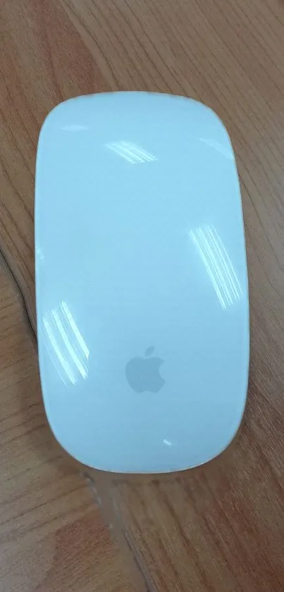 Sleek white mouse on wooden surface.