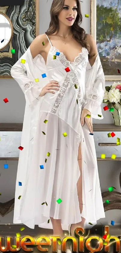 Elegant white nightwear in a luxurious setting with stylish decor.