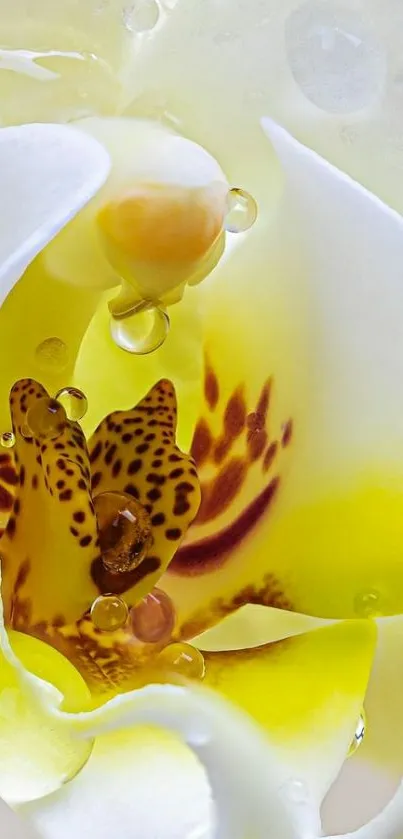 Close-up of a white orchid with droplets on petals.