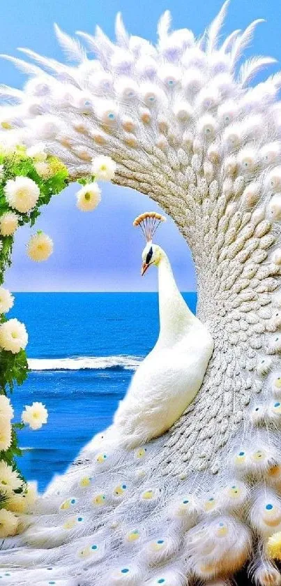 White peacock with ocean and flowers in elegant mobile wallpaper.