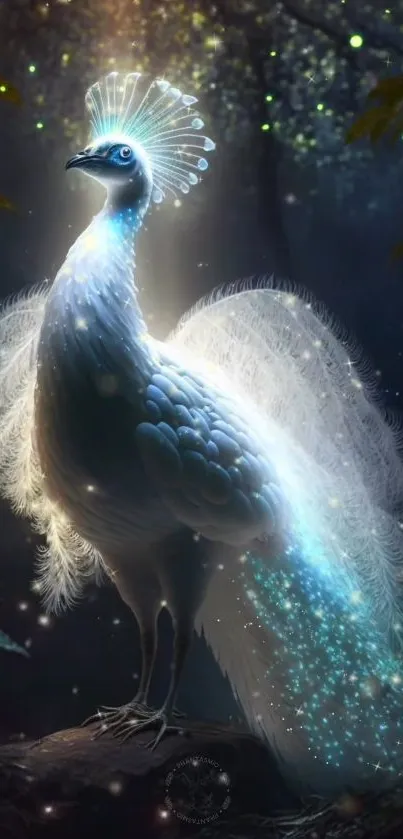 Elegant white peacock in mystical forest fantasy art.