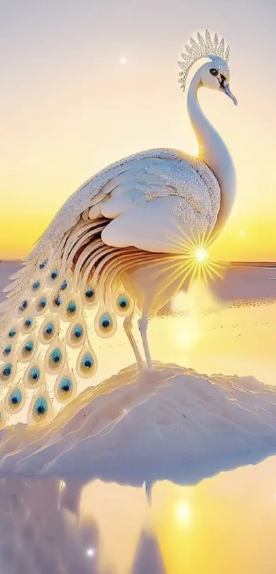 White peacock at sunset in a tranquil, artistic landscape.