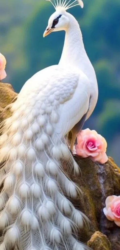 White peacock perched on rock with pink roses