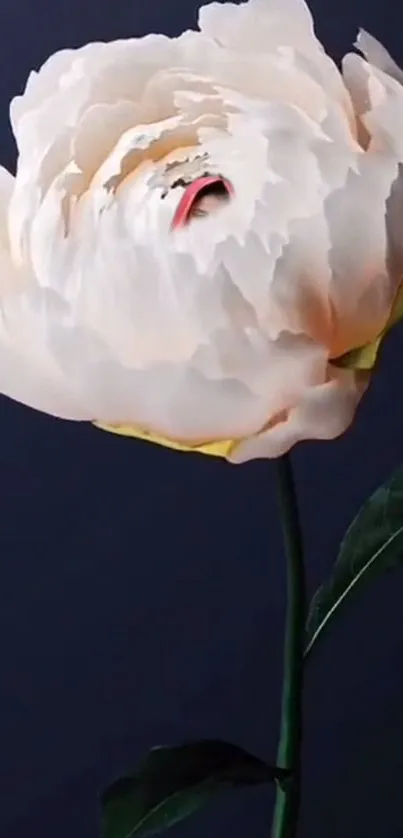 Elegant white peony against a dark blue background.