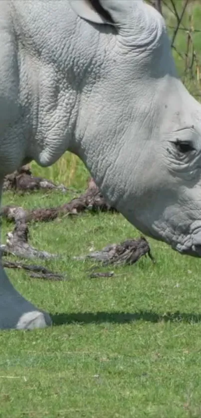 White rhino peacefully grazing on a green field.