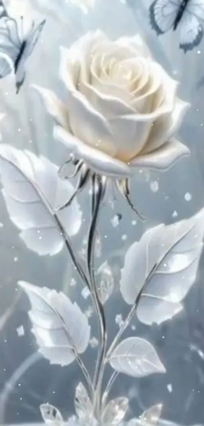 Digital art of a white rose with butterflies.