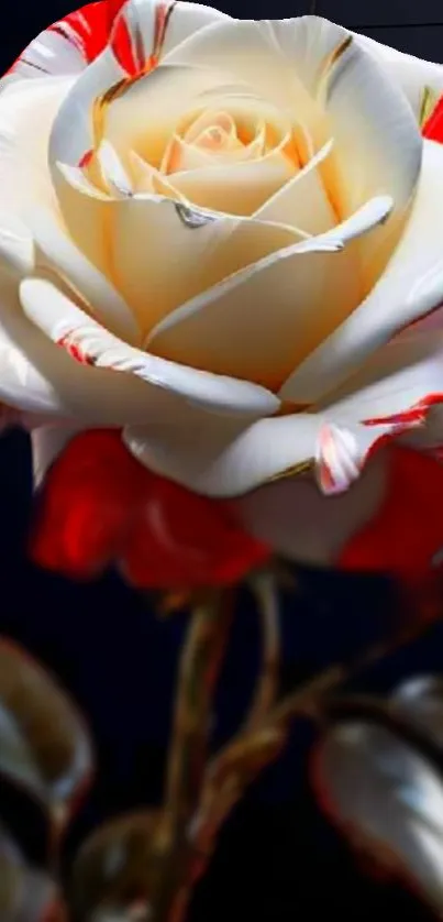 Elegant white rose with red accents on a dark background.