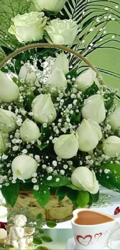 Elegant white rose bouquet with a soft green background.