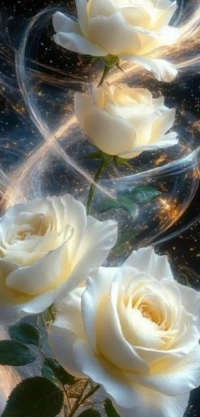 Glowing white roses with magical swirls.