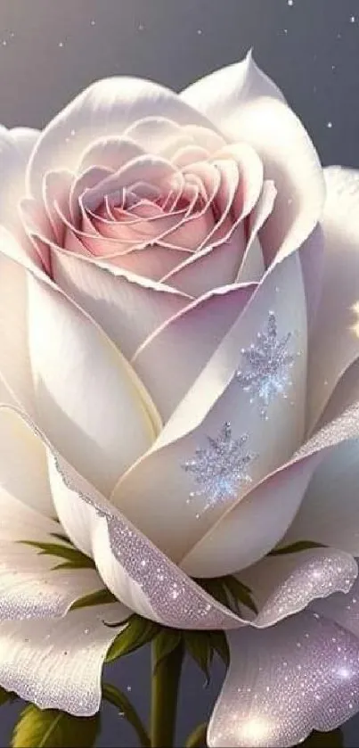 Elegant white rose with pink petals and green leaves on a starry background.