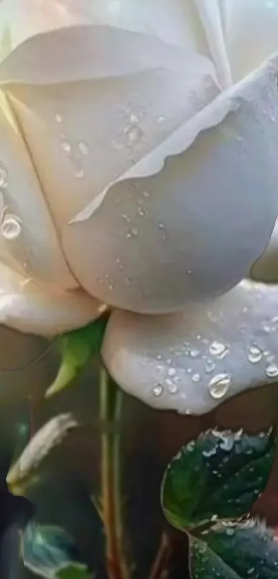 White rose with dew droplets on dark foliage wallpaper.