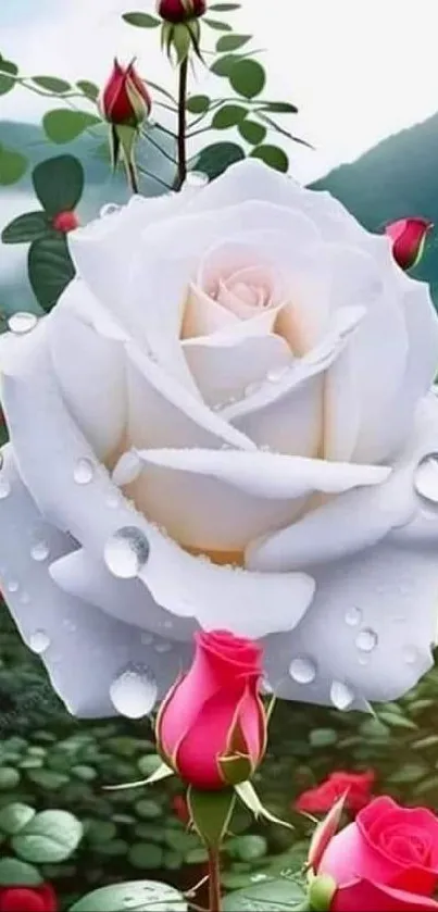 White rose with dewdrops in a lush garden background.