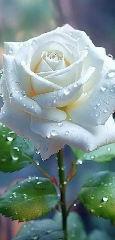 White rose with dew drops on green leaves, set against a soft-focus background.