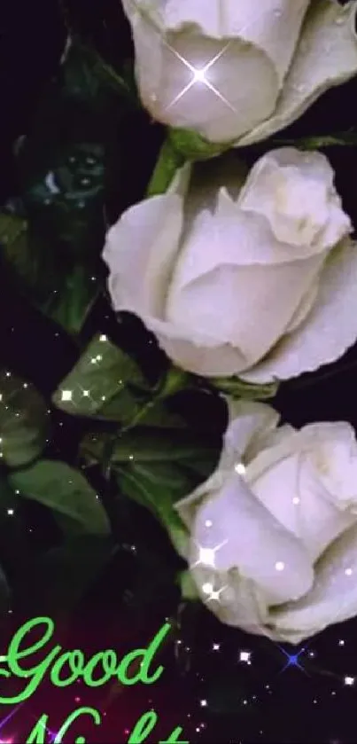 Three white roses with 'Good Night' text on a dark background.