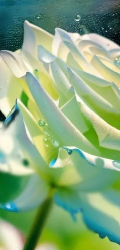 Close-up of a white rose with dew drops on petals.