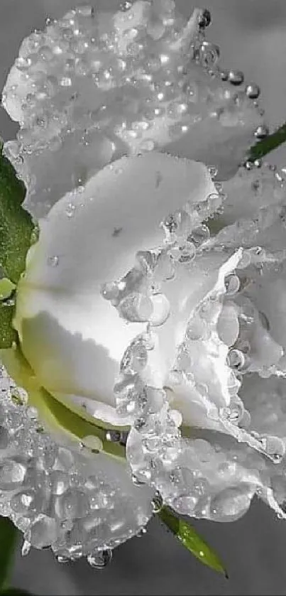 Close-up of a white rose with dew, set against a soft gray background.