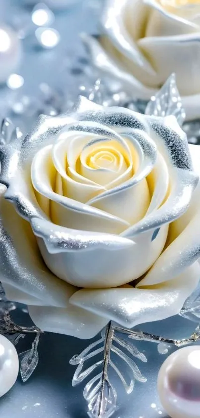 Elegant white rose with glossy petals and serene background.