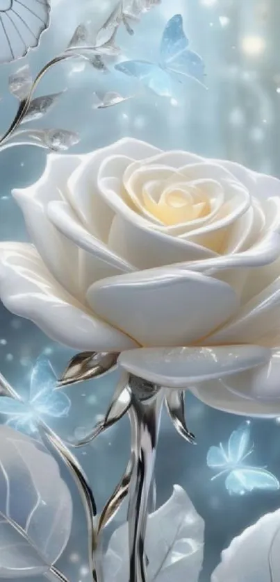 Elegant white rose with butterflies in a serene setting.