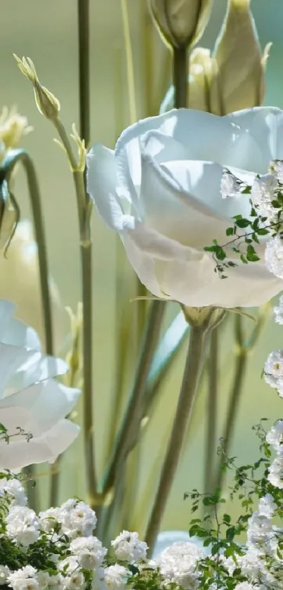 Beautiful white roses with green leaves in soft light, perfect for a phone background.